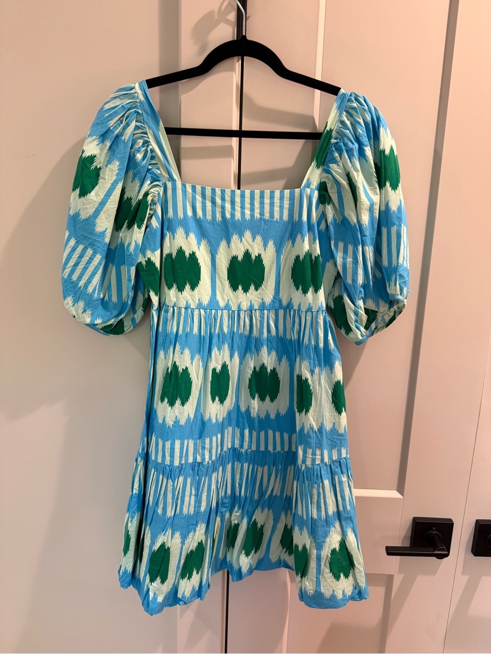 Oliphant Blue and Green Patterned Smocked-Neck Dress